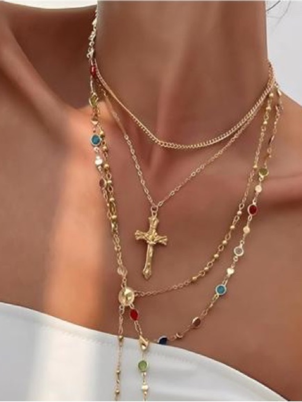 Anthropologie Gold Layered Cross Necklace with Multicolor Stones - Picture 3 of 5